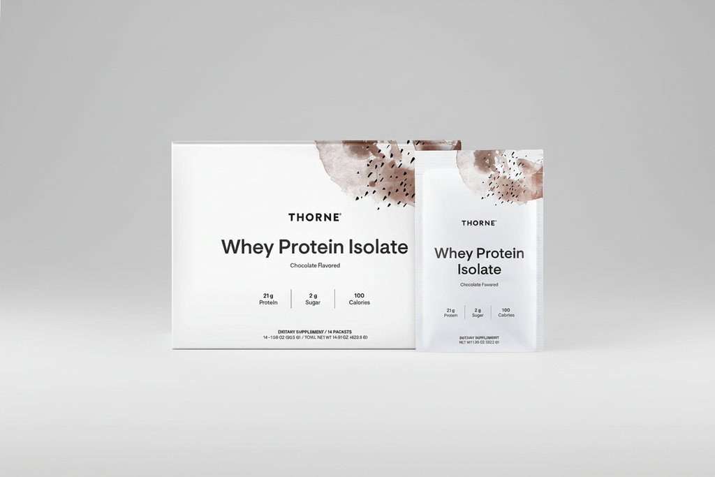 Two packages of Thorne Whey Protein Isolate on a white background