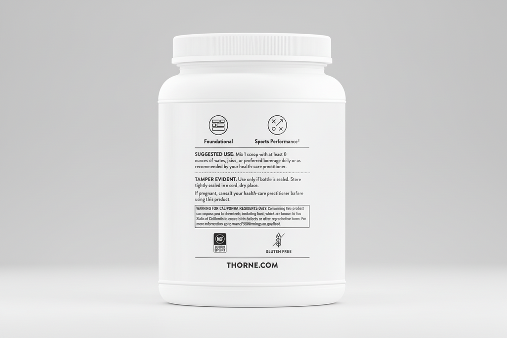 White supplement container with black text and branding on a white background