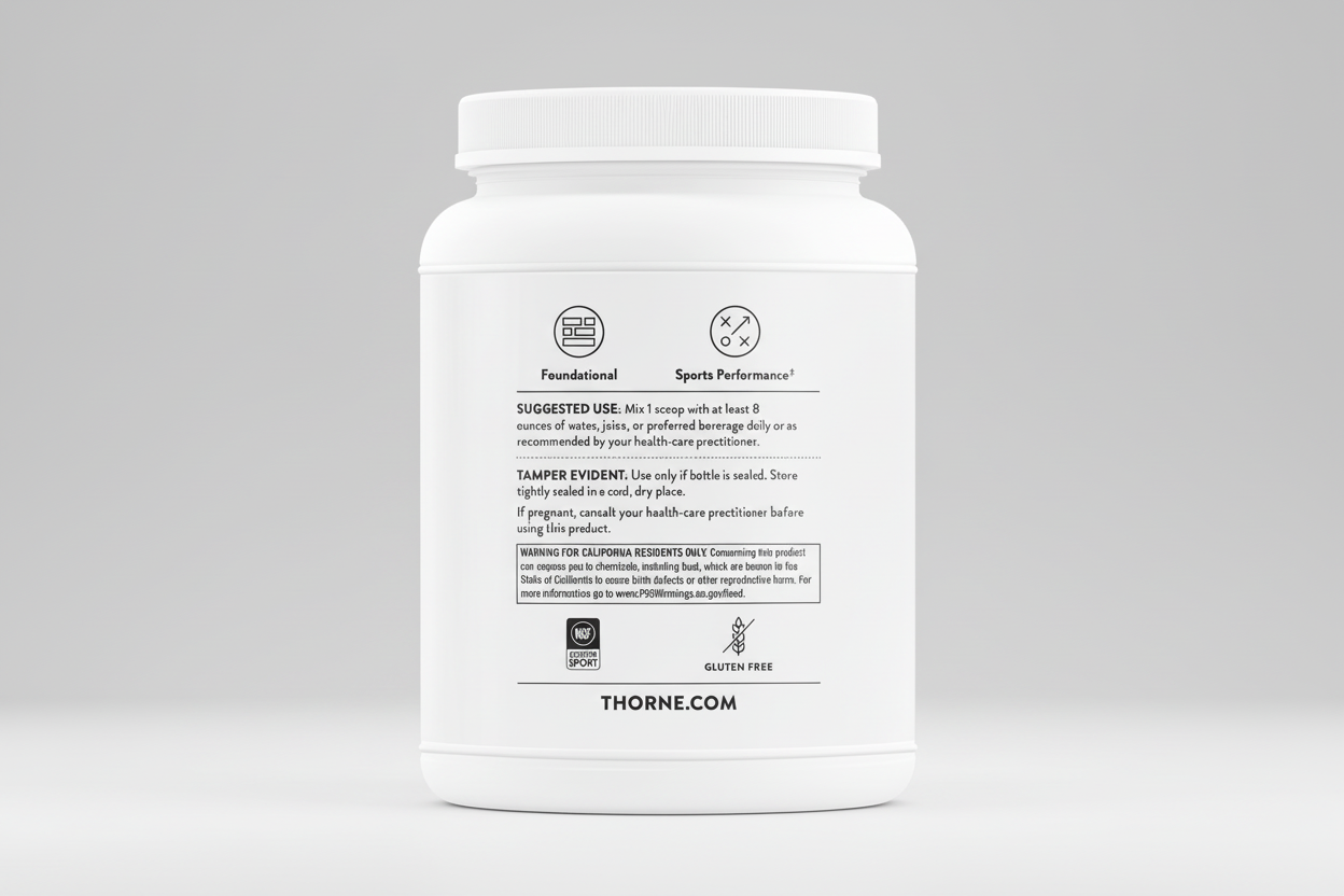 White supplement container with black text and branding on a white background