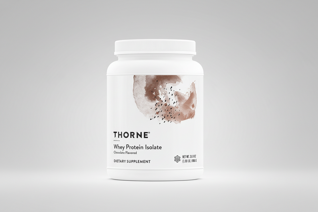 Thorne Whey Protein Isolate container with a white background