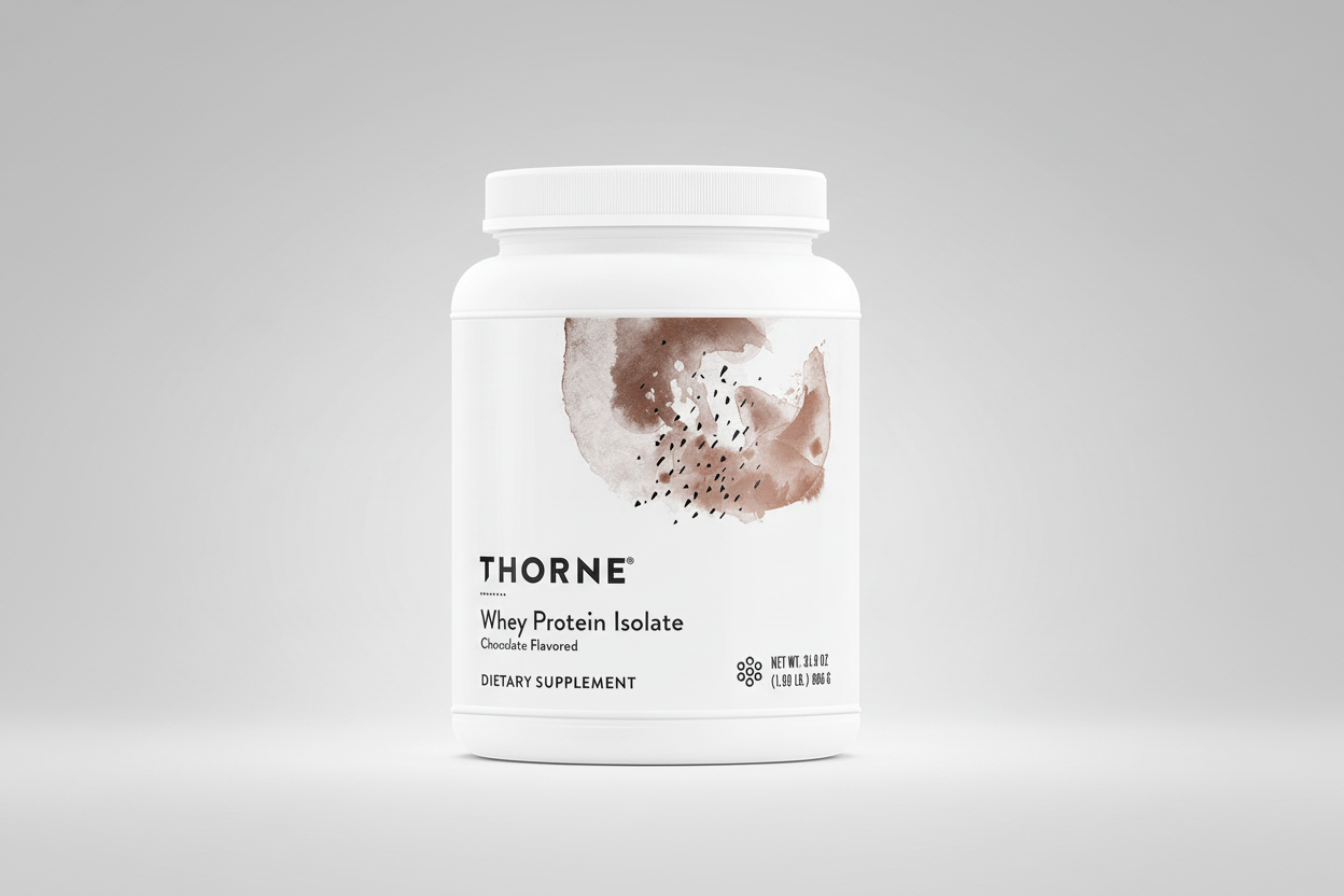 Thorne Whey Protein Isolate container with a white background