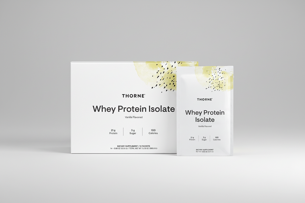 Two boxes of Thorne Whey Protein Isolate on a white background