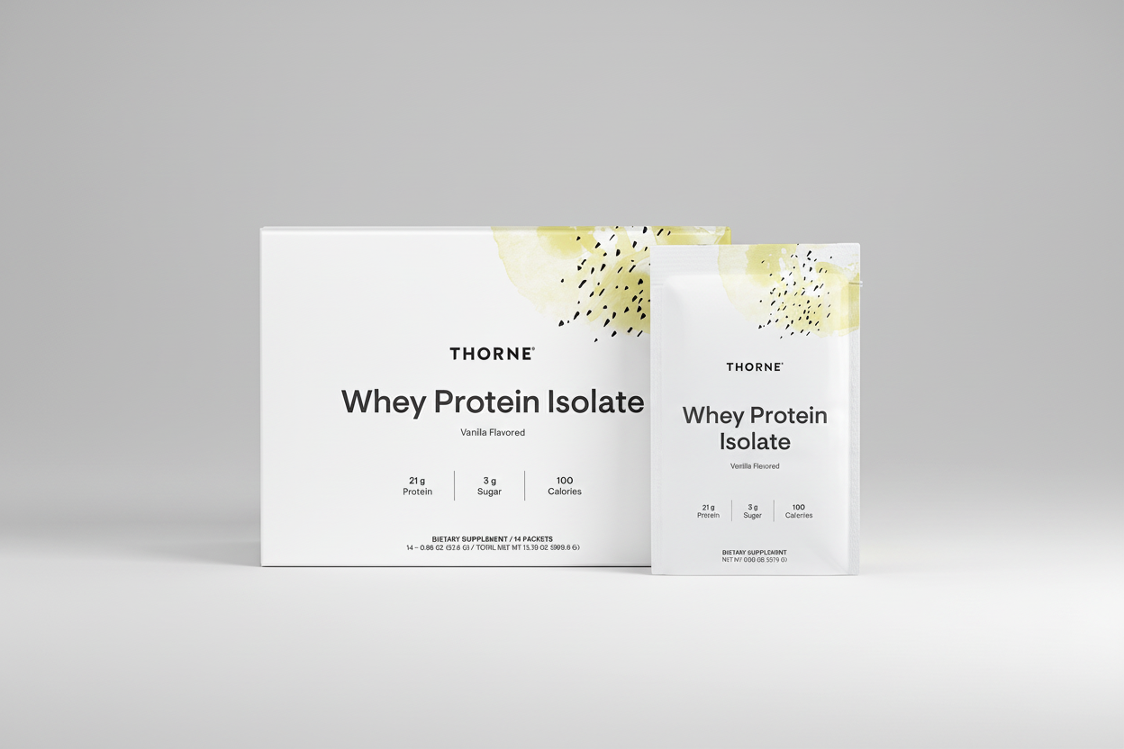 Two boxes of Thorne Whey Protein Isolate on a white background
