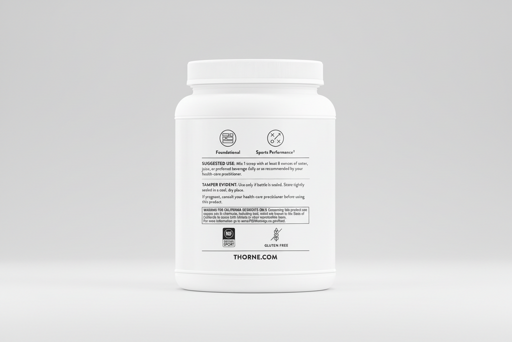 White supplement container with black text and branding on a white background