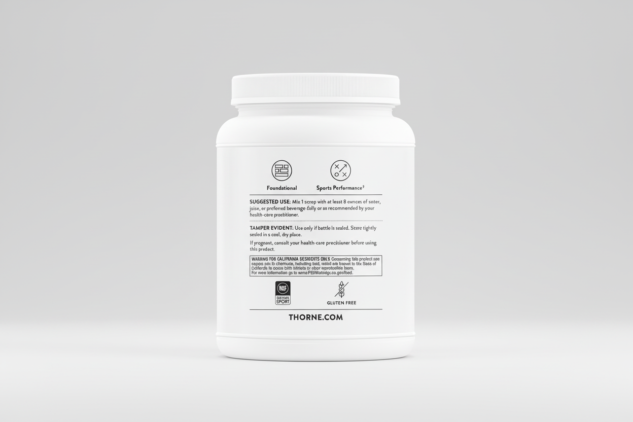 White supplement container with black text and branding on a white background