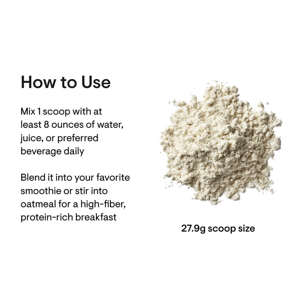 Powdered supplement with usage instructions on a white background