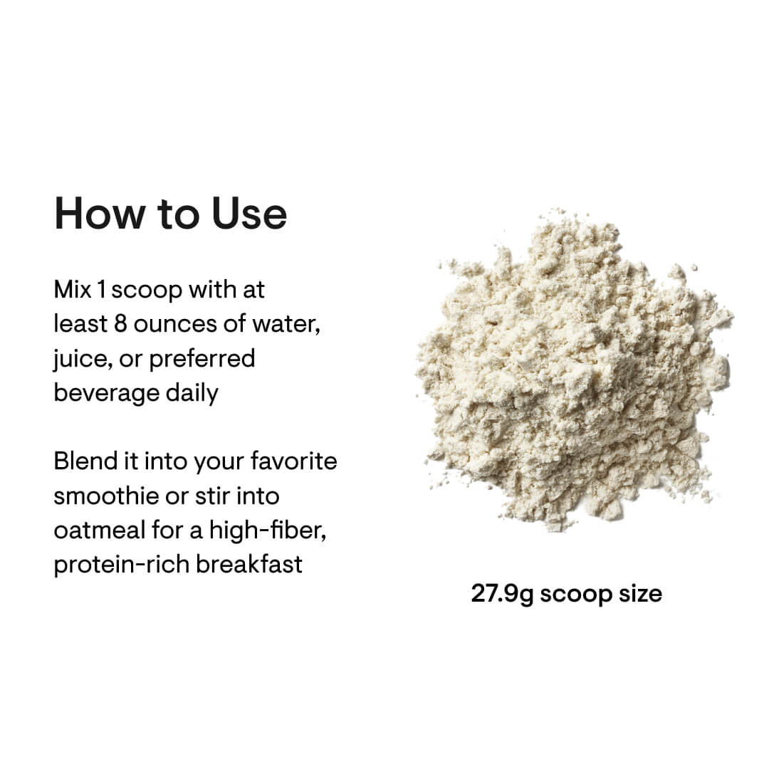 Powdered supplement with usage instructions on a white background