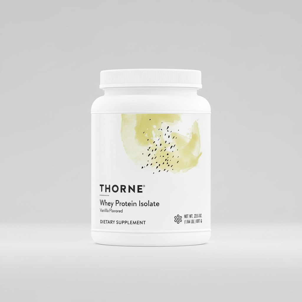 Thorne Whey Protein Isolate container with vanilla flavor on a white background