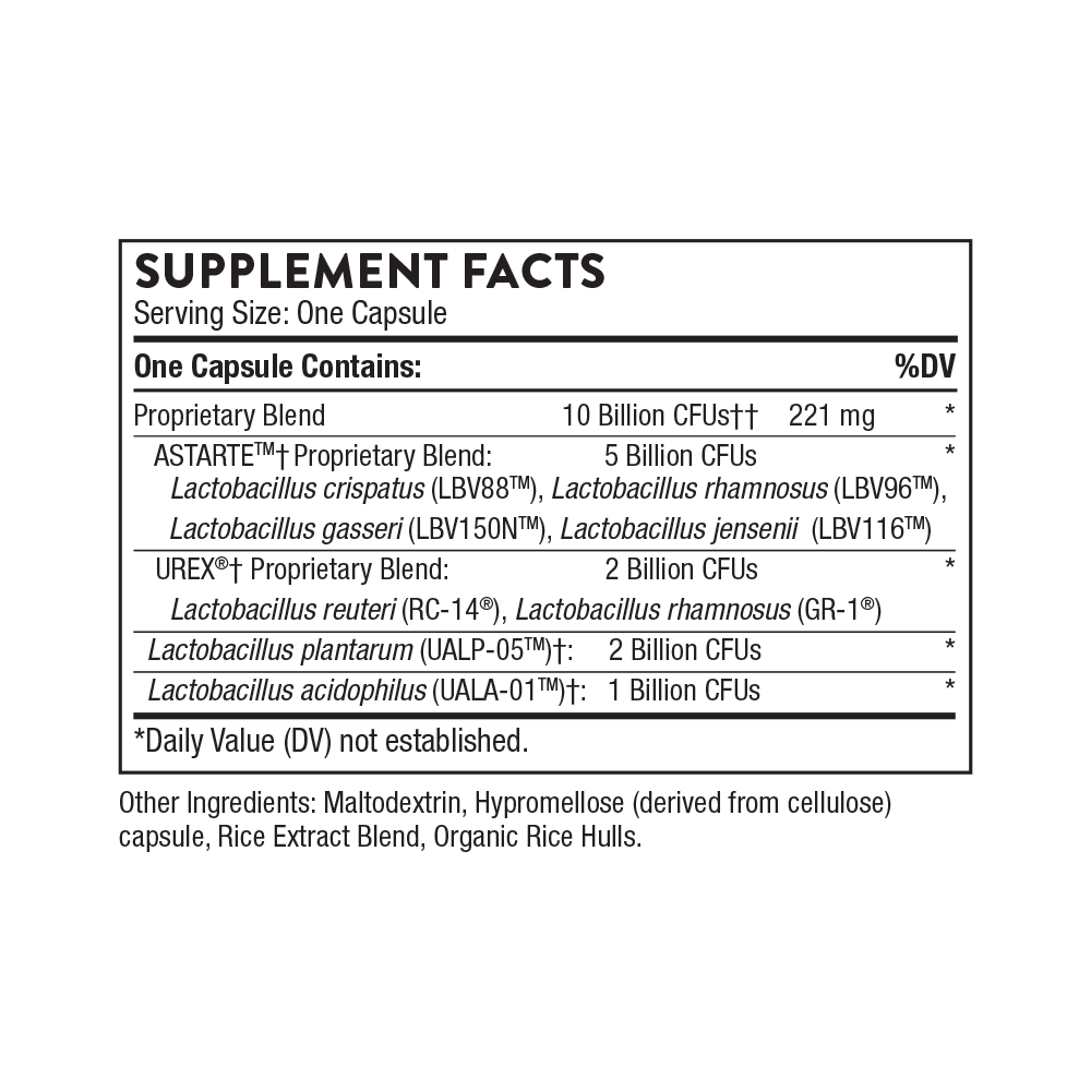Supplement facts label for a probiotic product on a white background
