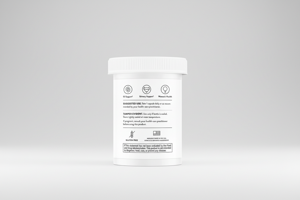 White supplement container with black text and icons on a white background