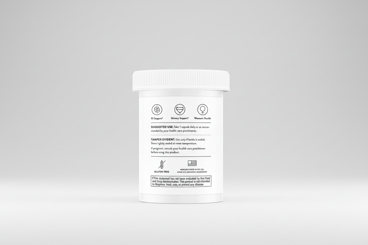 White supplement container with black text and icons on a white background