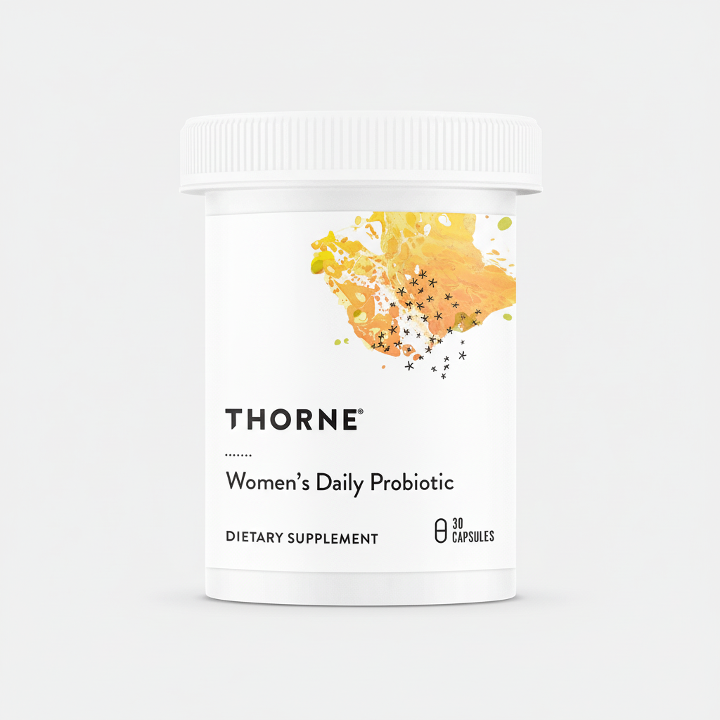 Thorne Women's Daily Probiotic supplement container on a black background