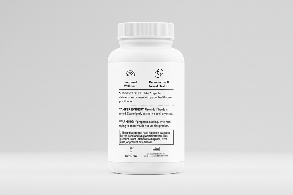 White supplement bottle with label on a black background