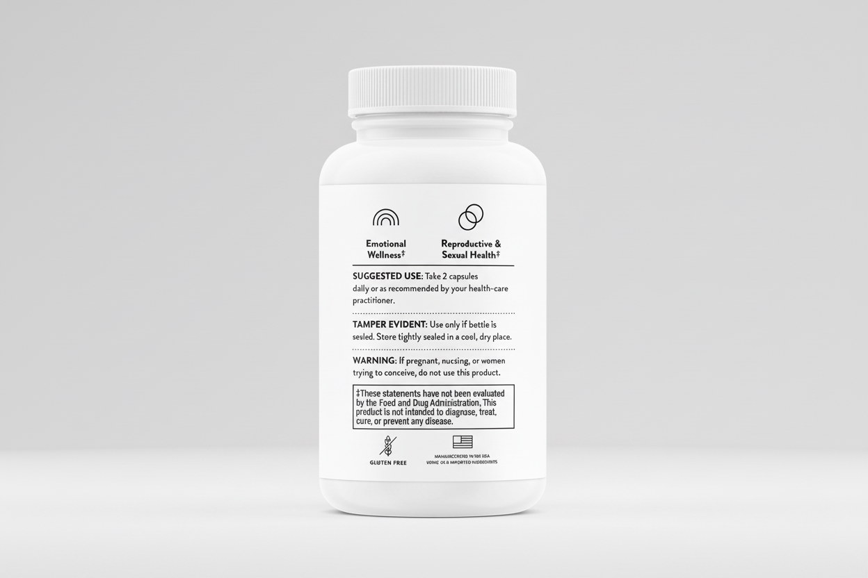 White supplement bottle with label on a black background