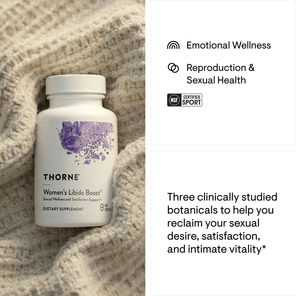 Thorne Women's Libido Boost supplement bottle on a textured surface with product description text.