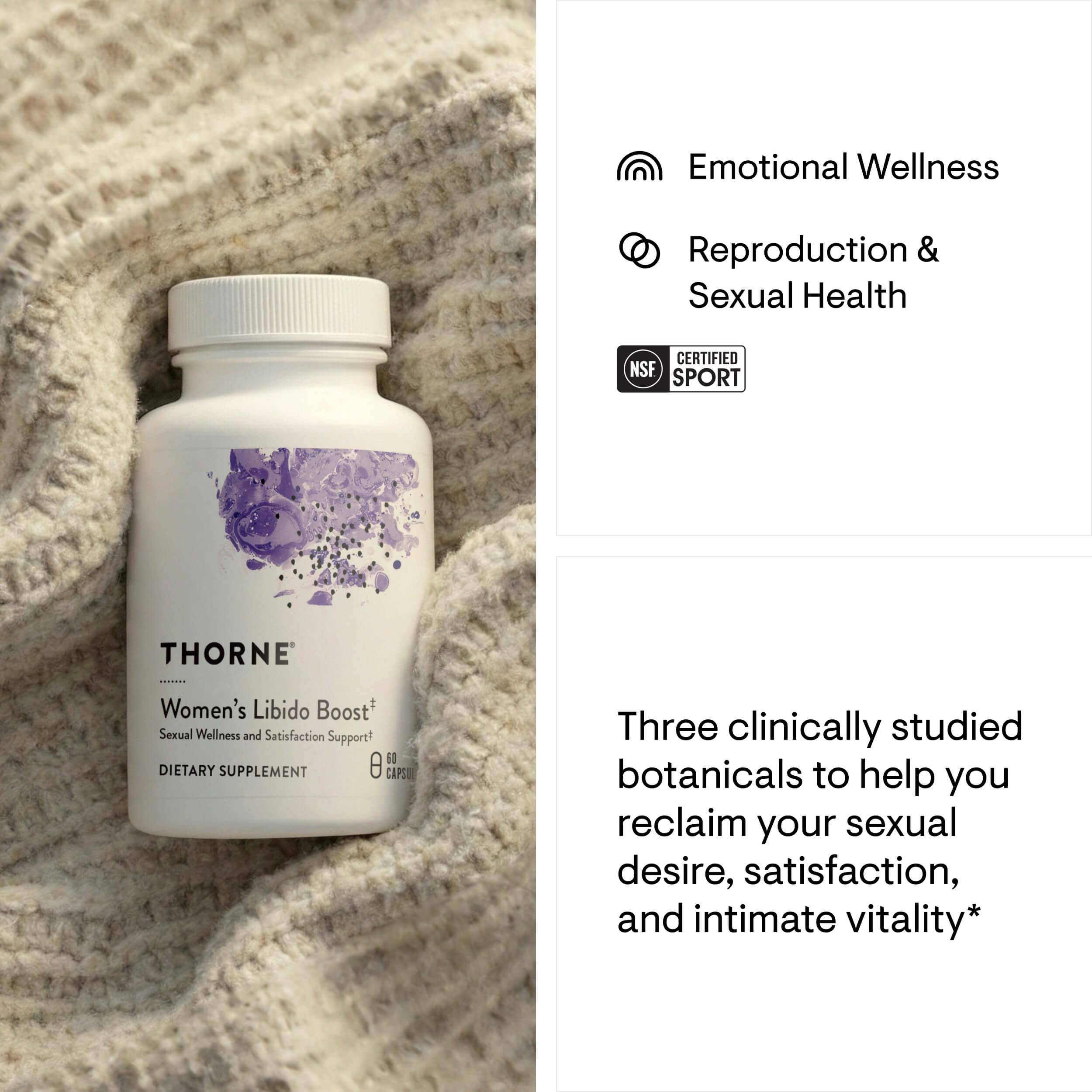 Thorne Women's Libido Boost supplement bottle on a textured surface with product description text.