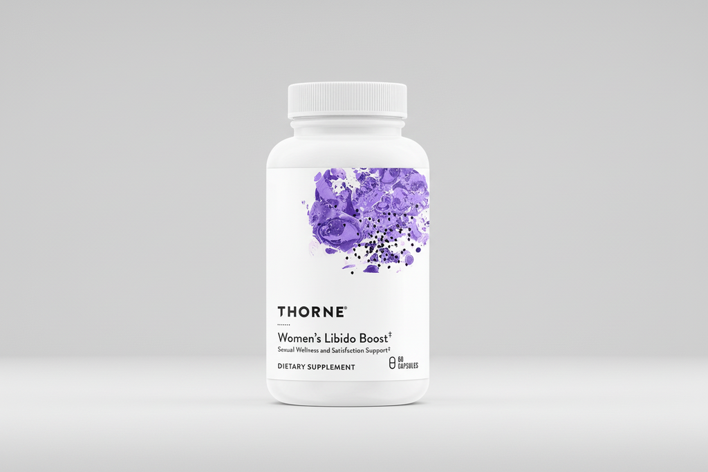 Thorne Women's Libido Boost dietary supplement bottle on a black background