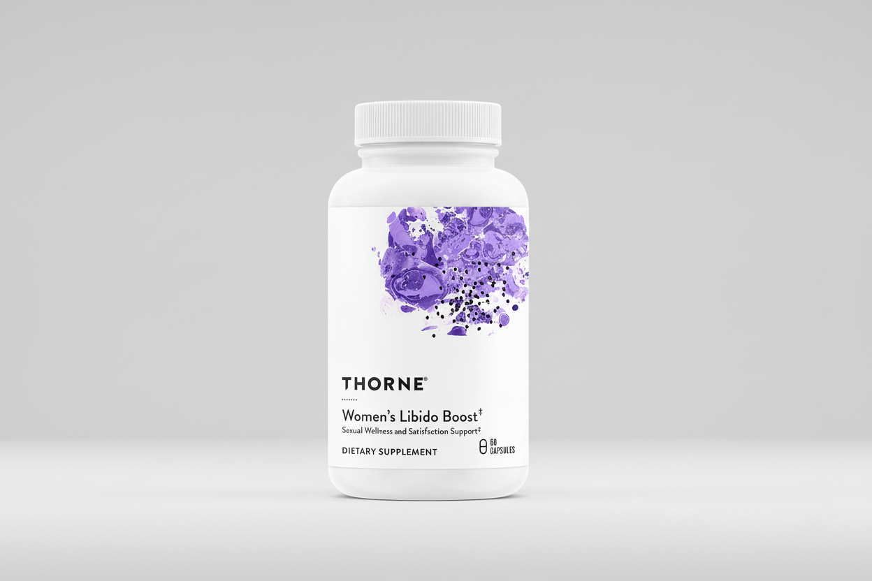 Thorne Women's Libido Boost dietary supplement bottle on a black background
