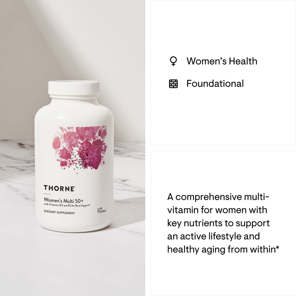 Thorne Women's Multi 50+ supplement bottle on a marble surface with text about women's health and vitamins.