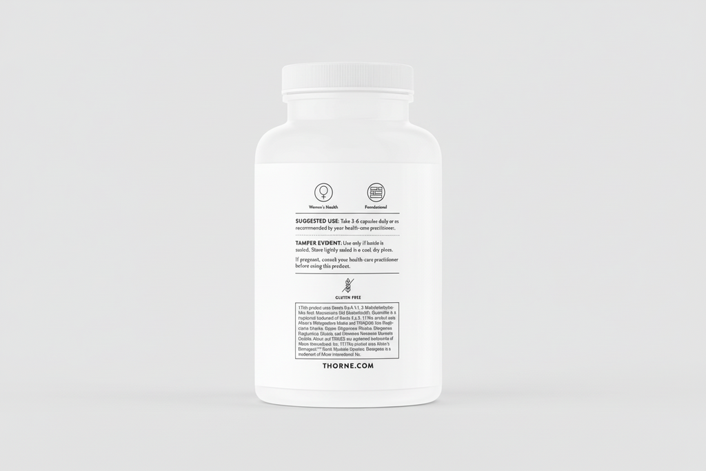 White supplement bottle with black text on a white background