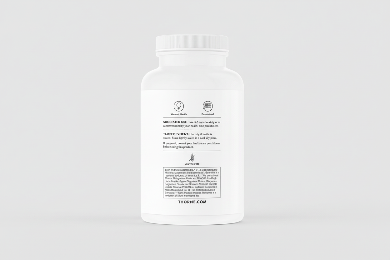 White supplement bottle with black text on a white background