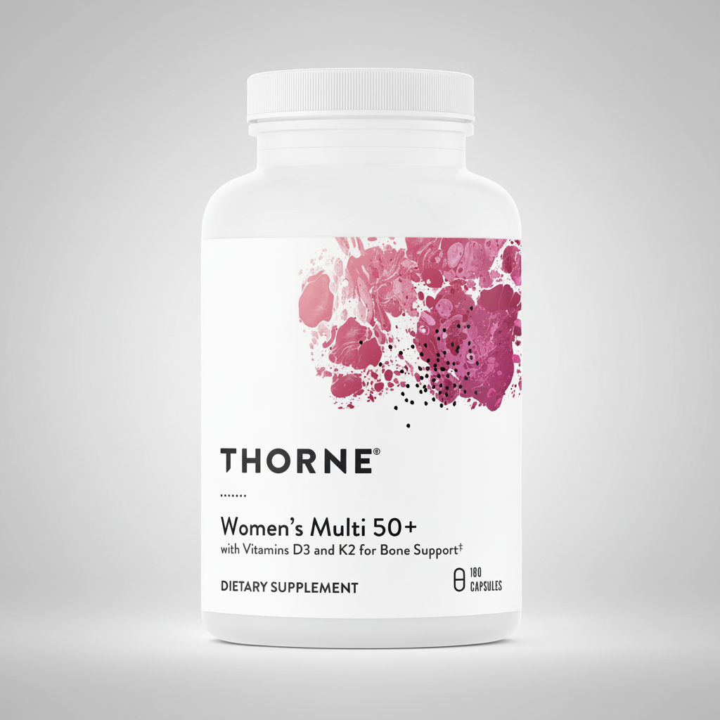Thorne Women's Multi 50+ dietary supplement bottle on a white background
