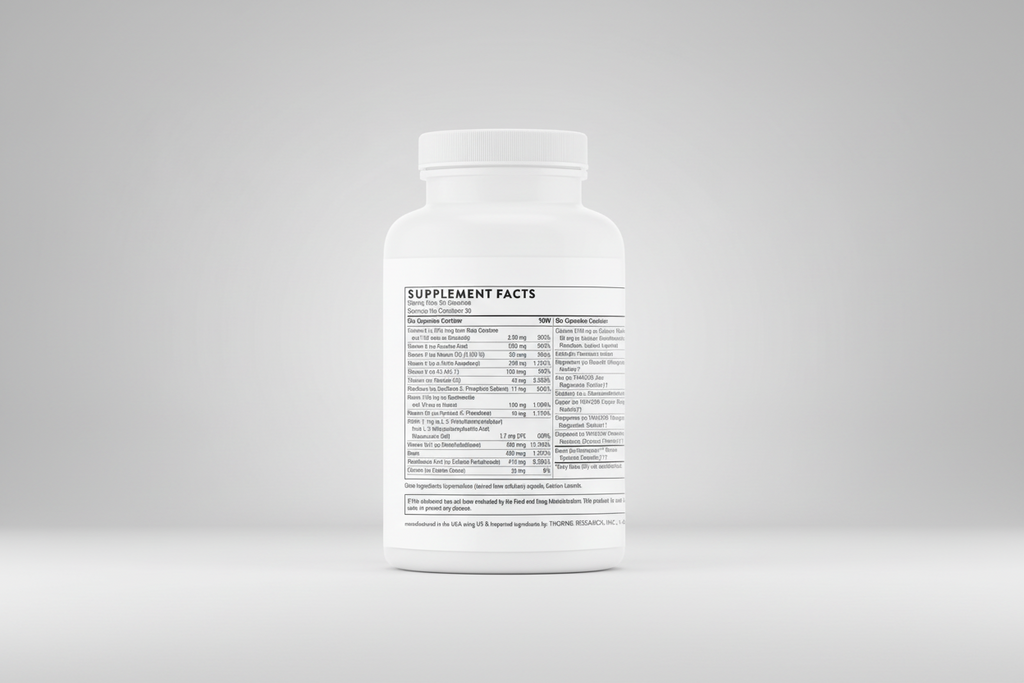 Supplement bottle with label on a black background