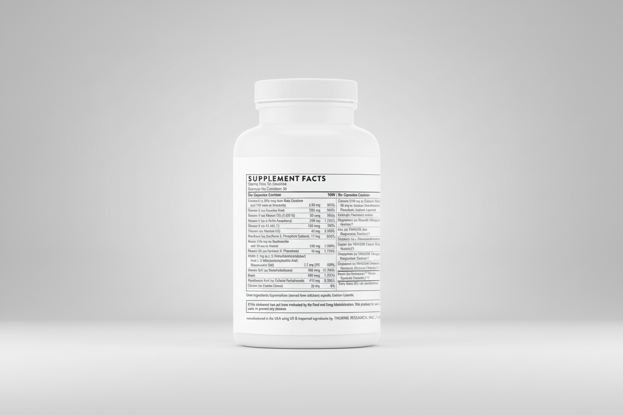 Supplement bottle with label on a black background