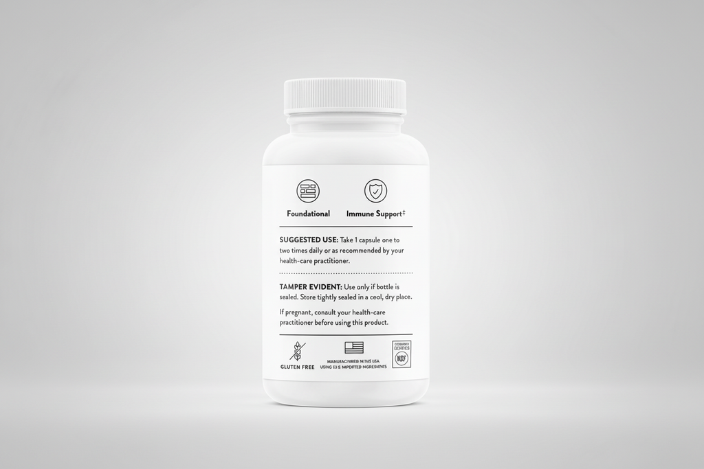 White supplement bottle with label on a black background
