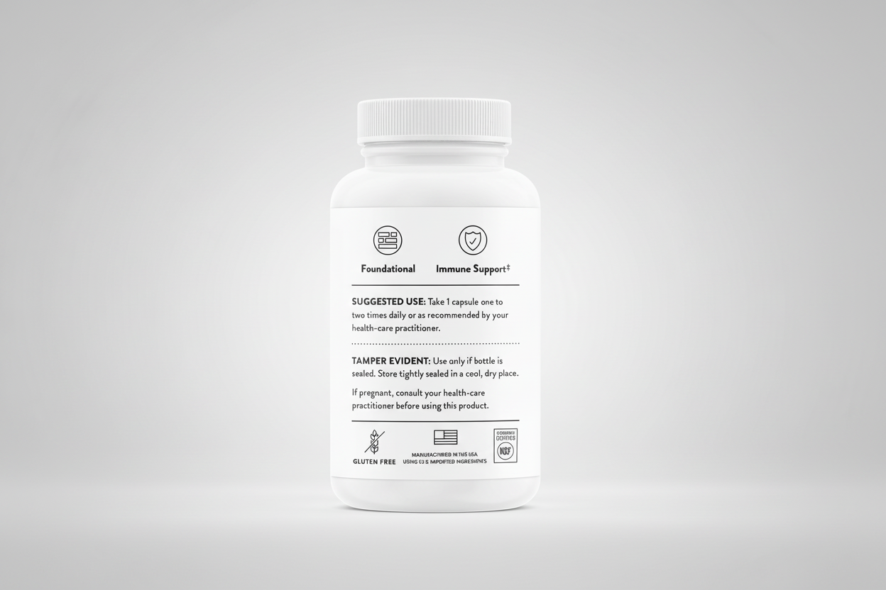 White supplement bottle with label on a black background