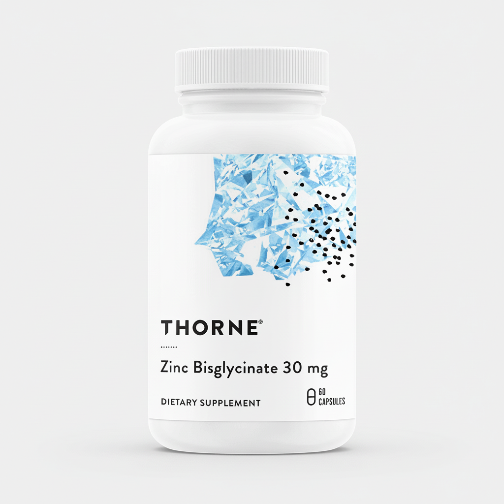 Thorne Zinc Bisglycinate 30 mg dietary supplement bottle on a black background