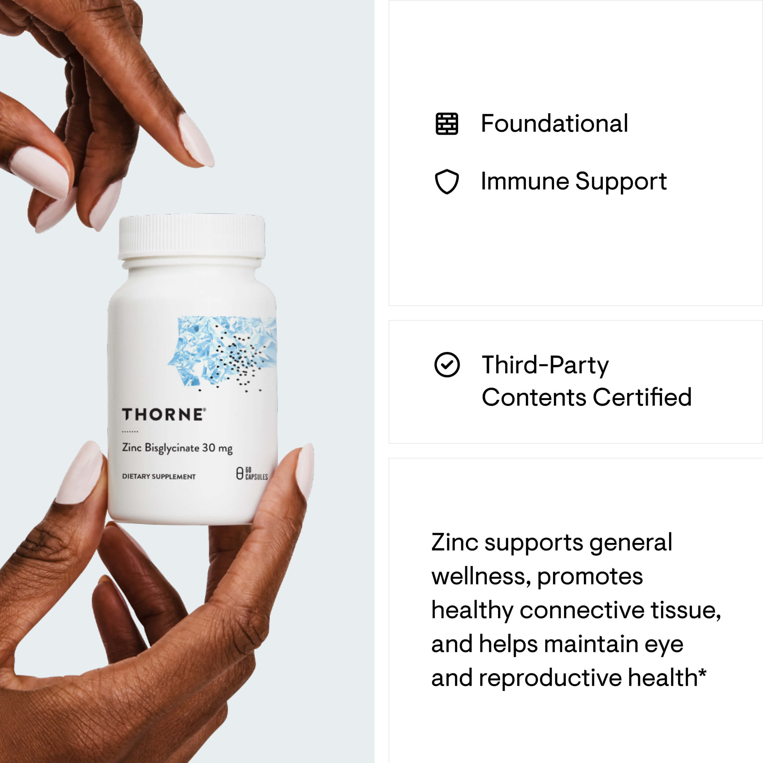 Thorne supplements bottle held by a hand with product details on a light gray background