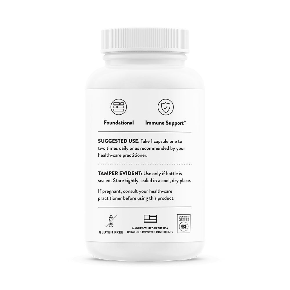 White supplement bottle with black text and icons on a white background