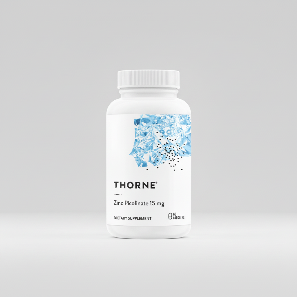 Thorne brand dietary supplement bottle with blue label on a white background