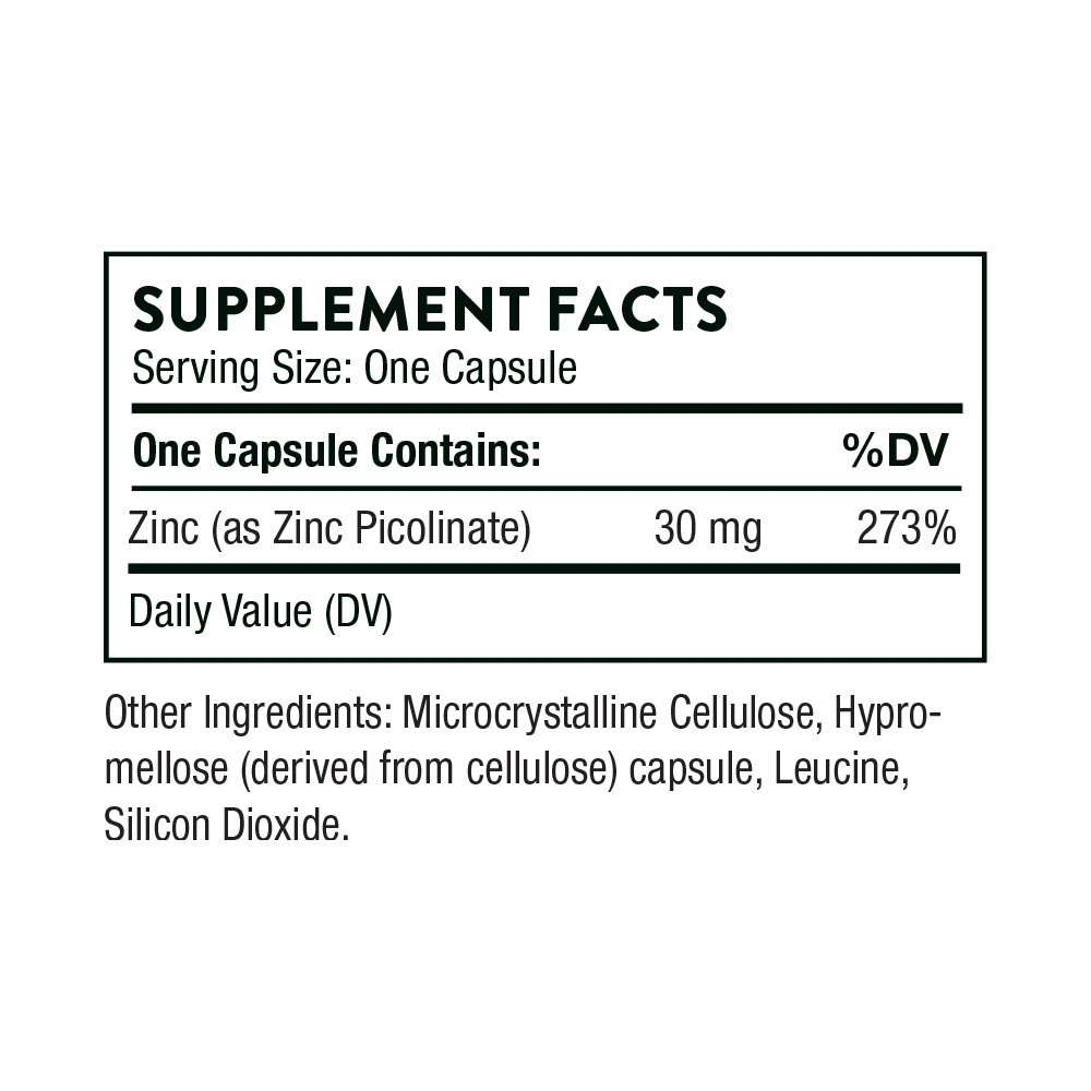 Supplement facts label for a zinc supplement capsule on a white background