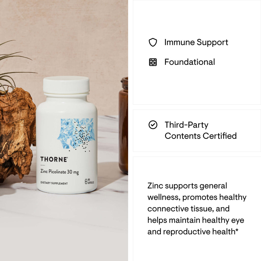 Thorne supplements bottle with text about immune support and zinc benefits on a light background