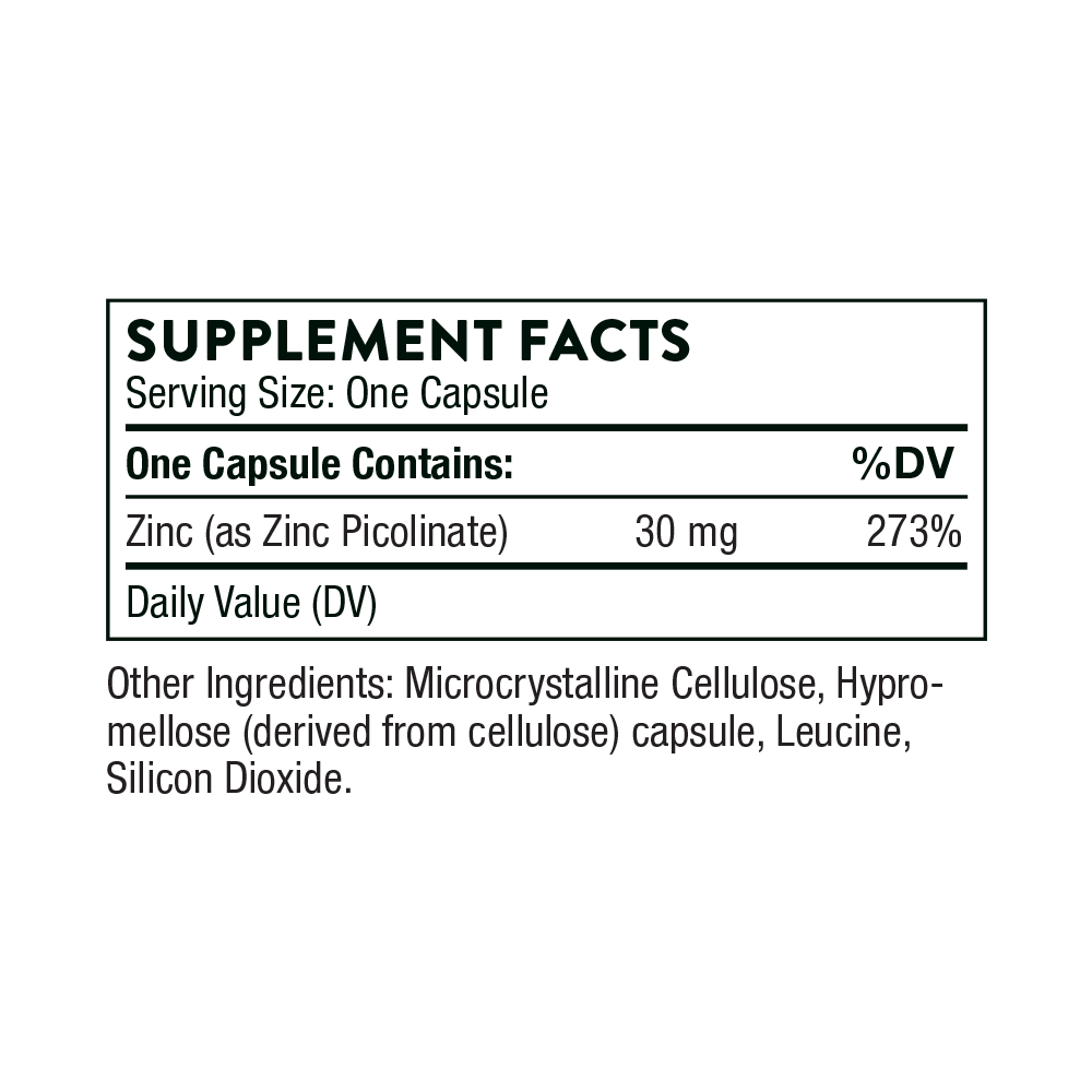 Supplement facts label with zinc content on a white background