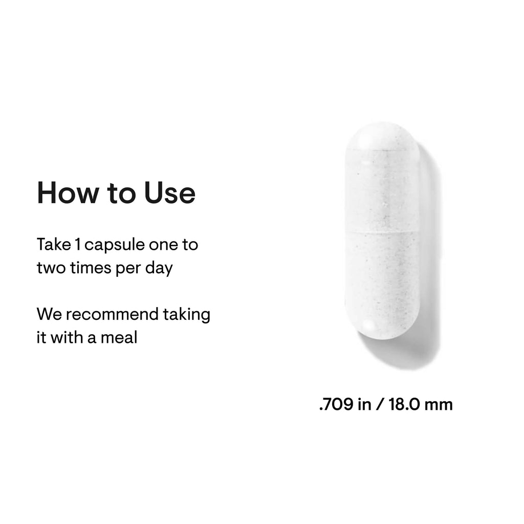 White capsule with text on how to use it and its dimensions.