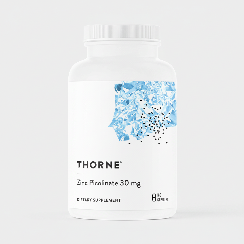 Thorne Zinc Picolinate 30 mg dietary supplement bottle on a white background