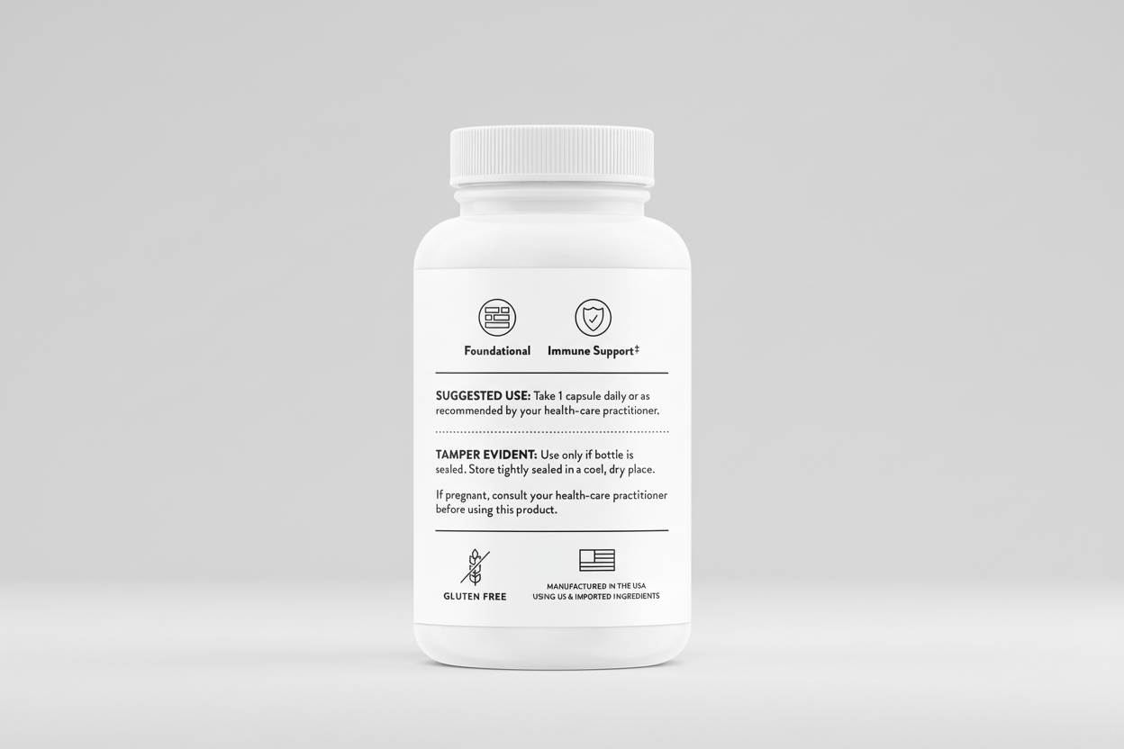 White supplement bottle with label on a black background