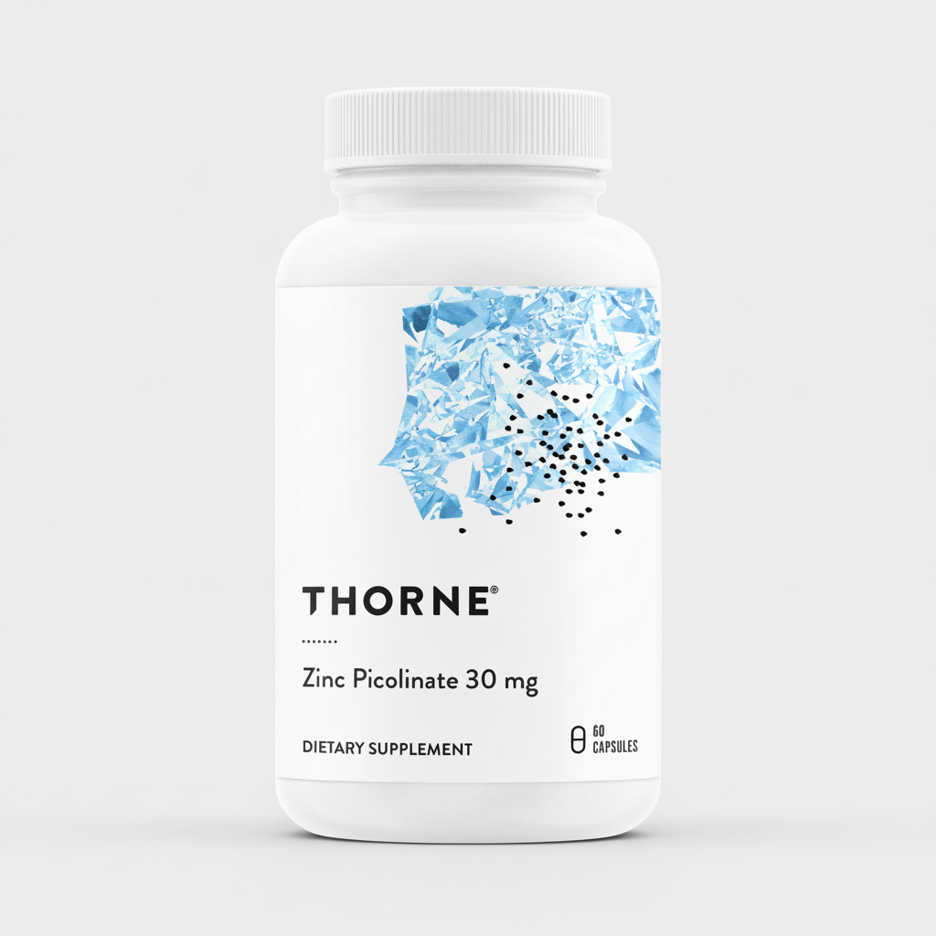 Thorne dietary supplement bottle with blue label on a white background
