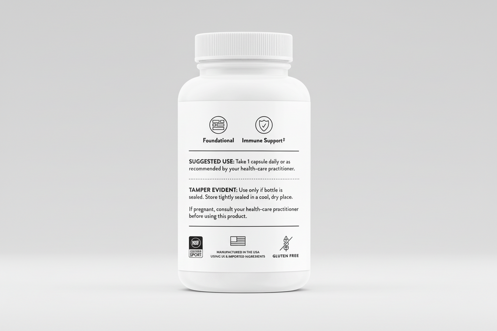 White supplement bottle with label on a black background