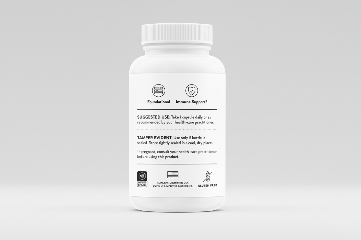 White supplement bottle with label on a black background