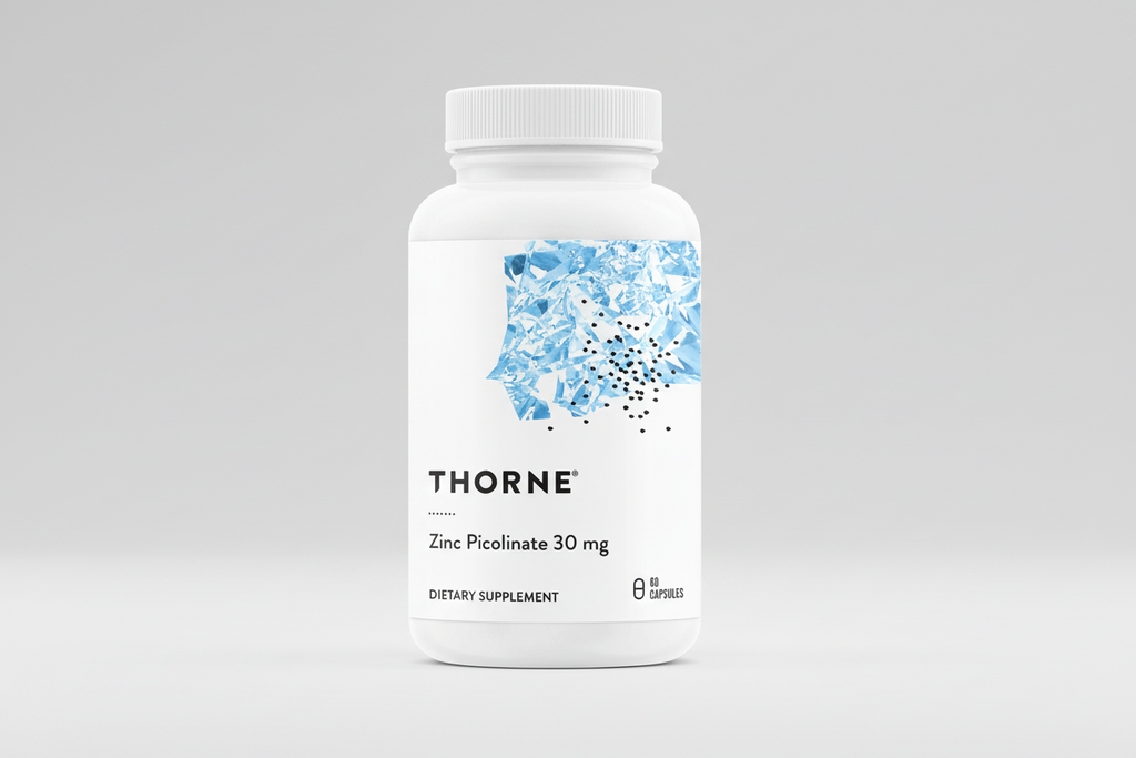 Thorne dietary supplement bottle with blue label on a white background