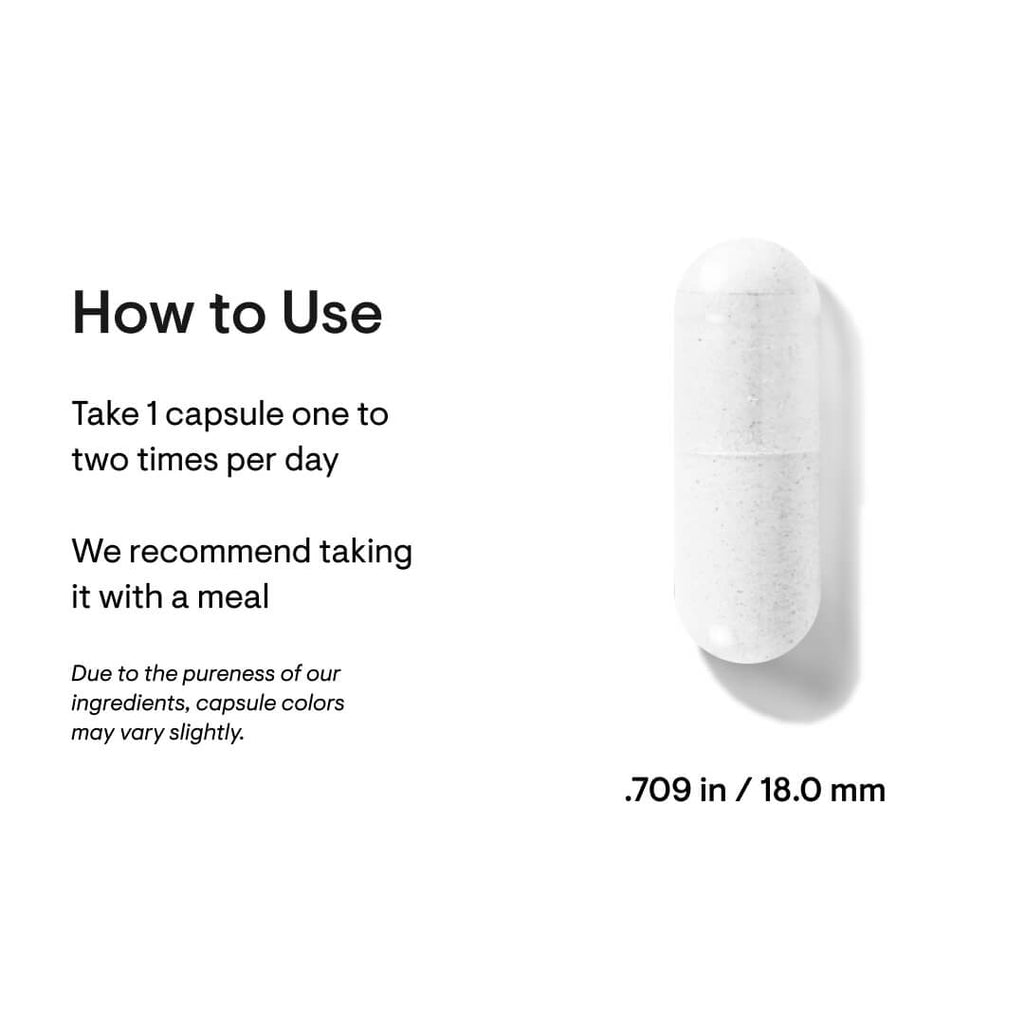 White capsule with text on how to use it and its dimensions.