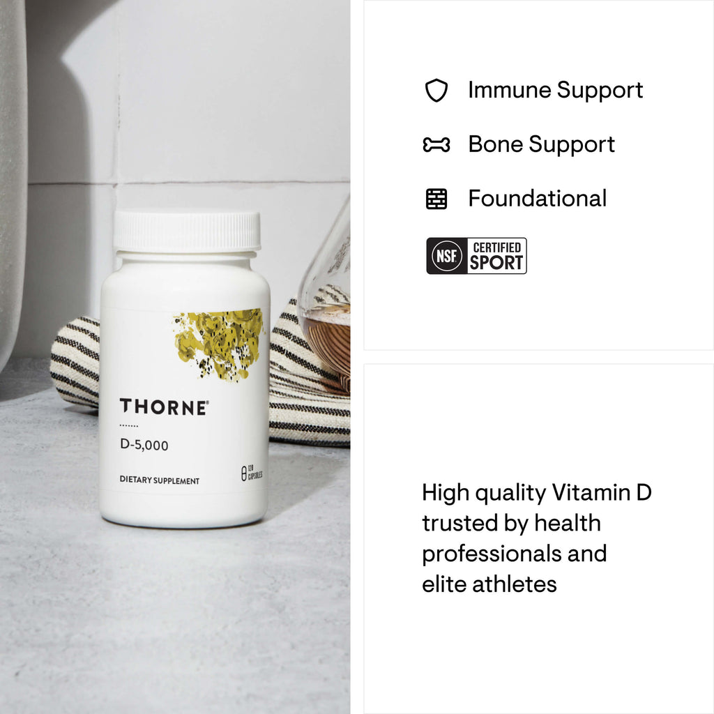 Thorne Vitamin D supplement bottle on a light surface with product features listed on the right.