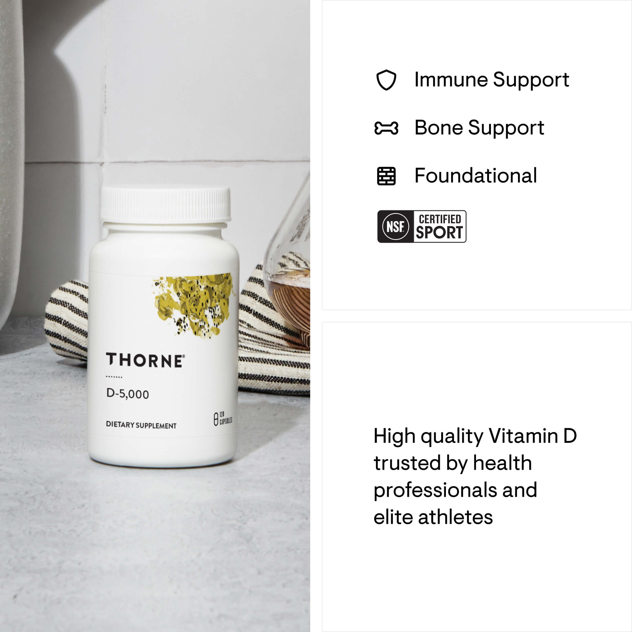 Thorne Vitamin D supplement bottle on a light surface with product features listed on the right.