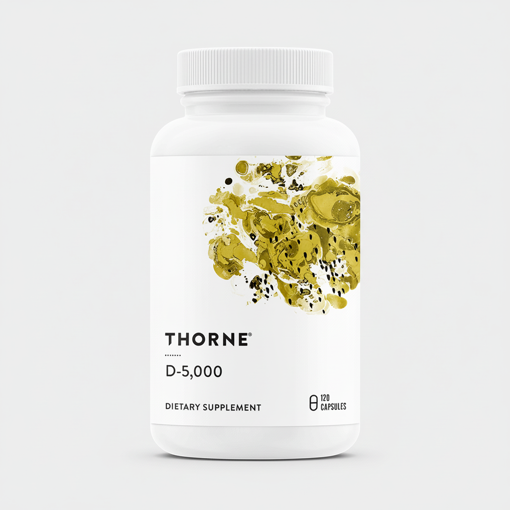 Thorne D-5,000 dietary supplement bottle on a black background