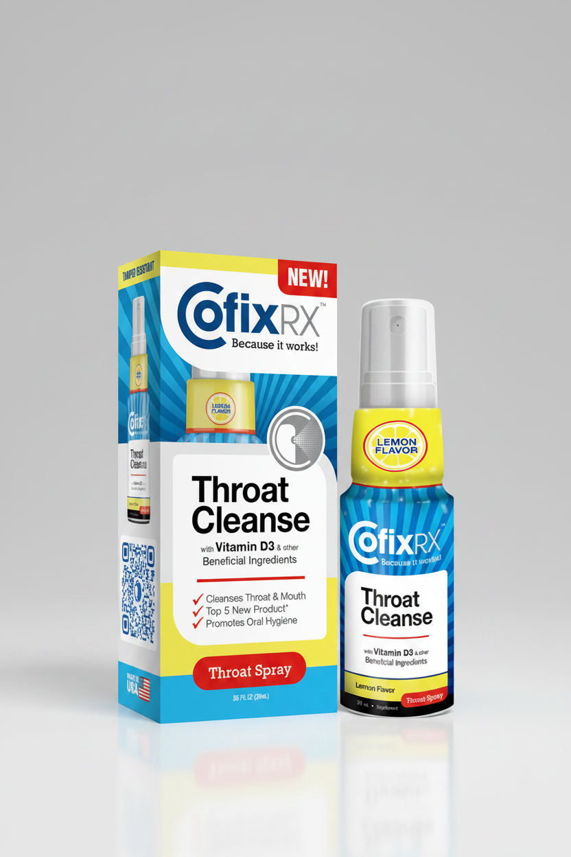 CofixRX Throat Cleanse spray and packaging on a white background