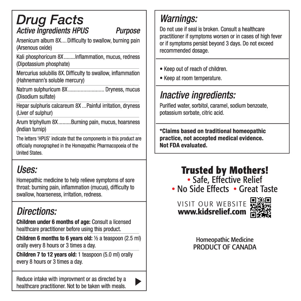 Kids Relief Throat Ease Syrup — 3.4 fl oz — manufacturer label